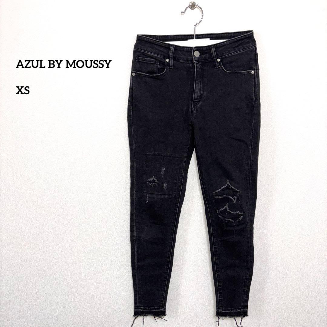 AZUL BY MOUSSY ブラックスキニーダメージ加工デニム XS d779