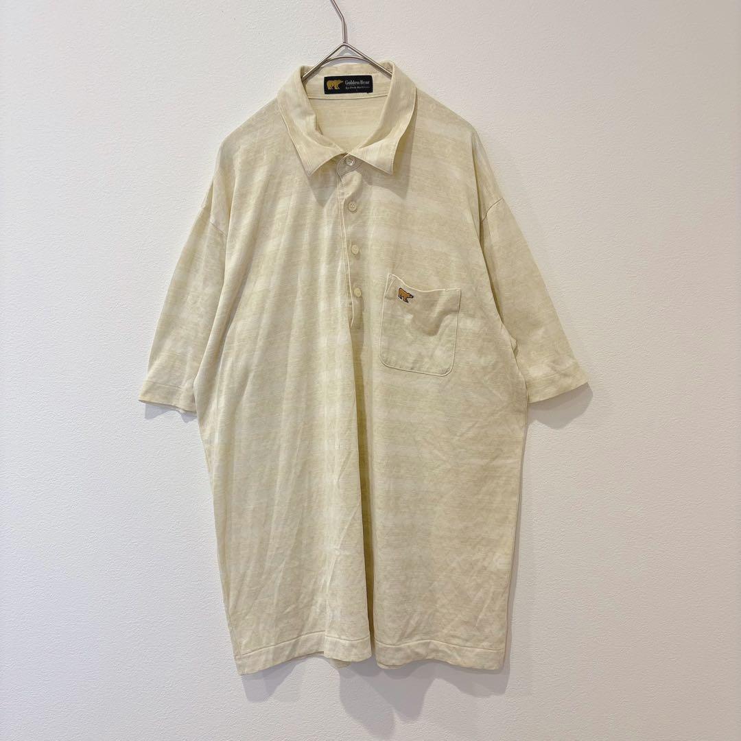 ゴールデンベア ポロシャツ 半袖 総柄 ベージュ 黄色　L メンズ　ストライプ