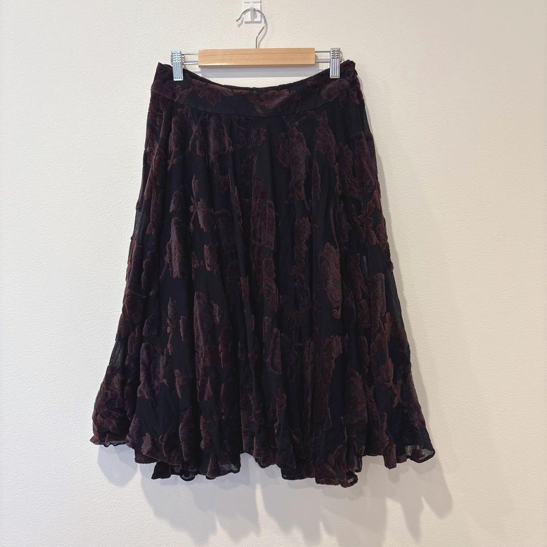 スウィング フロッキー 花柄 フレア スカート ボルドー 透け感40 M