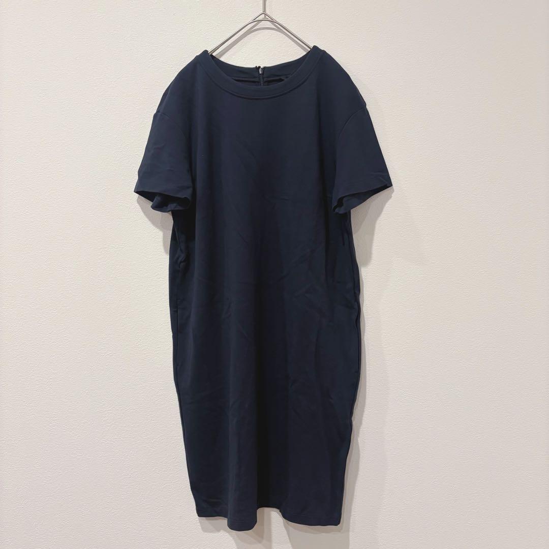 ユニクロ カットソーワンピース 半袖 膝丈　ネイビー 紺色　M ストレッチ