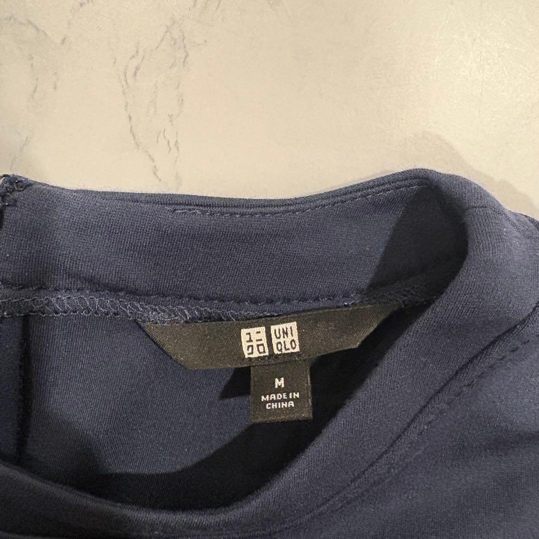 ユニクロ カットソーワンピース 半袖 膝丈　ネイビー 紺色　M ストレッチ 8