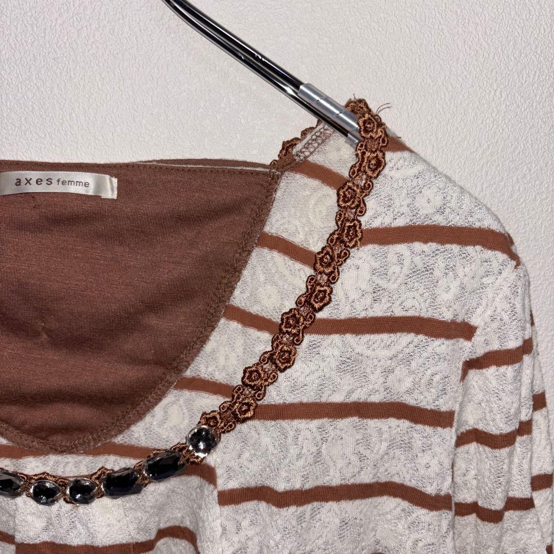 axes femme ボーダー レース七分袖Tシャツ Mサイズd760 7