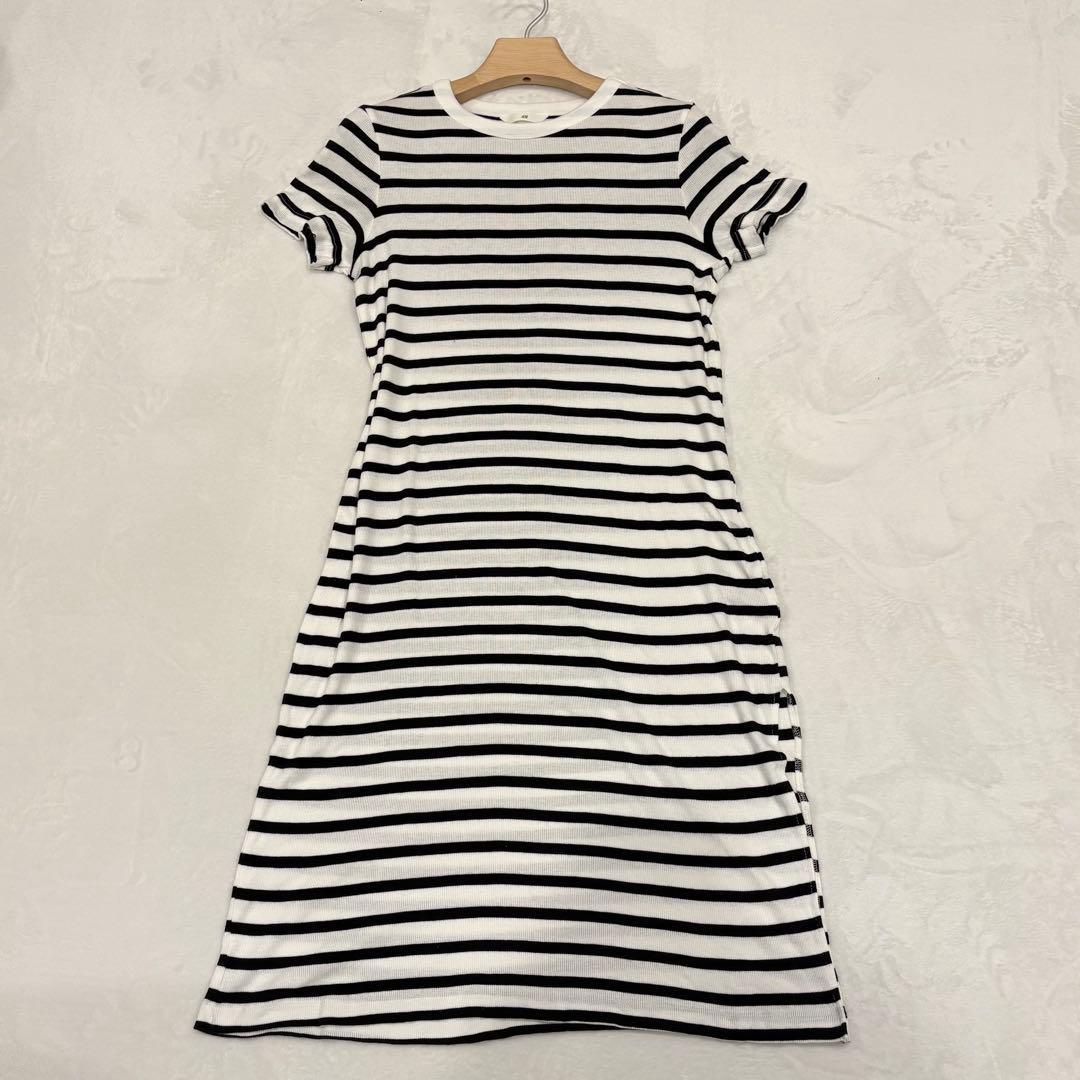 . H &M ロングワンピース　半袖　ボーダー　黒白 ストライプ　M かわいい