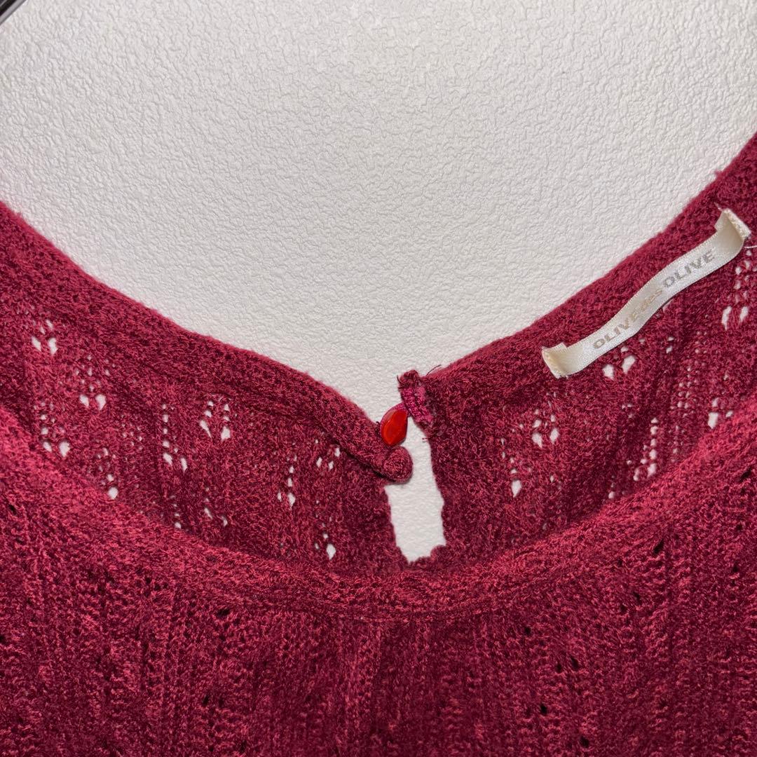 OLIVE des OLIVE ケーブルニット L ワインレッドフリルd732 3