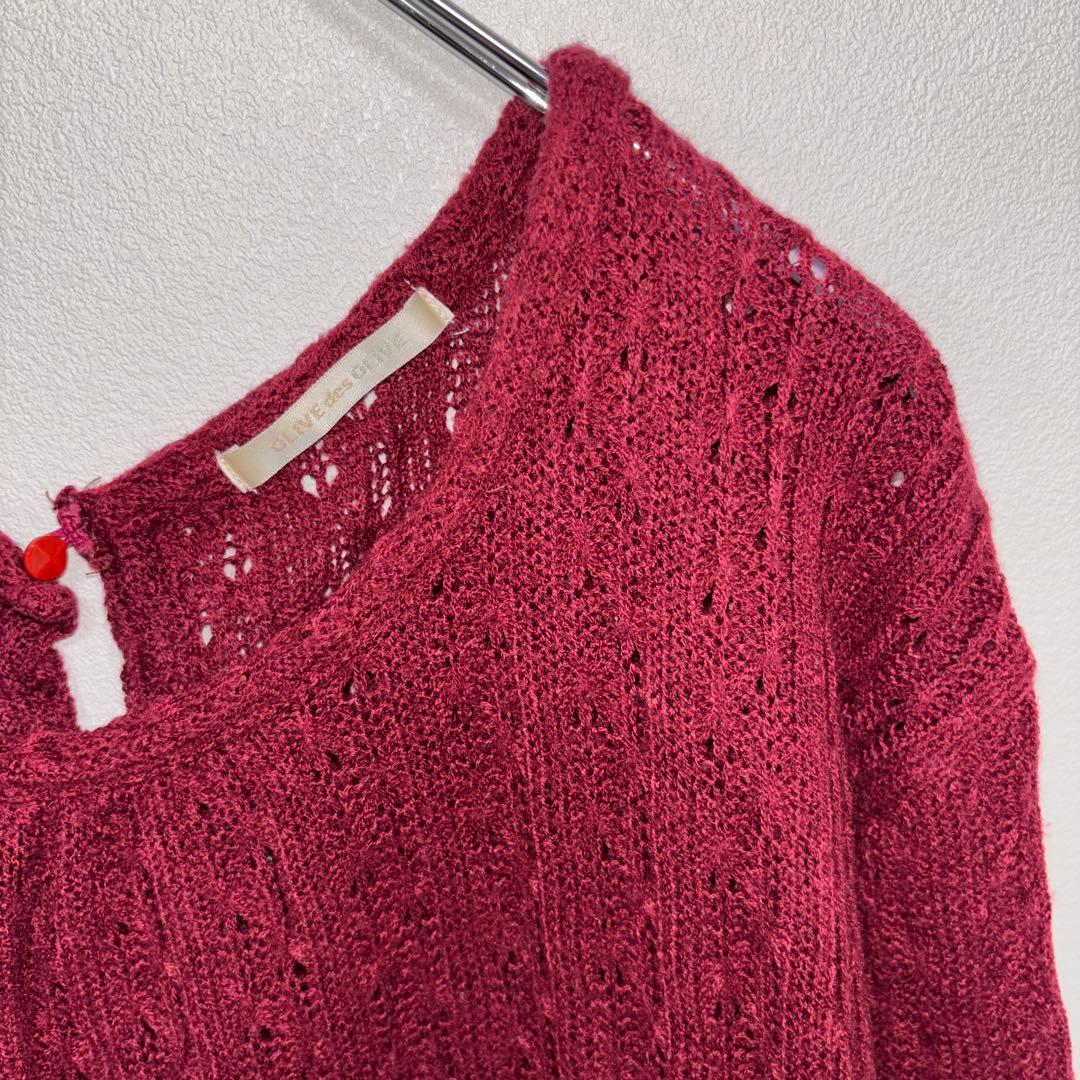 OLIVE des OLIVE ケーブルニット L ワインレッドフリルd732 7