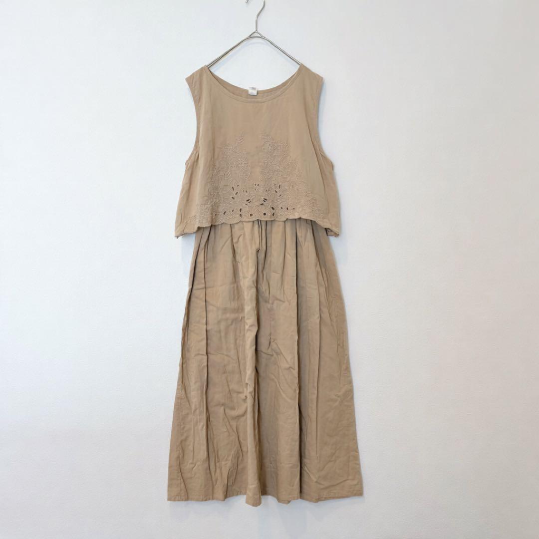 .アールピーエス 刺繍　ノースリーブワンピース 綿100％ ベージュ Mサイズ