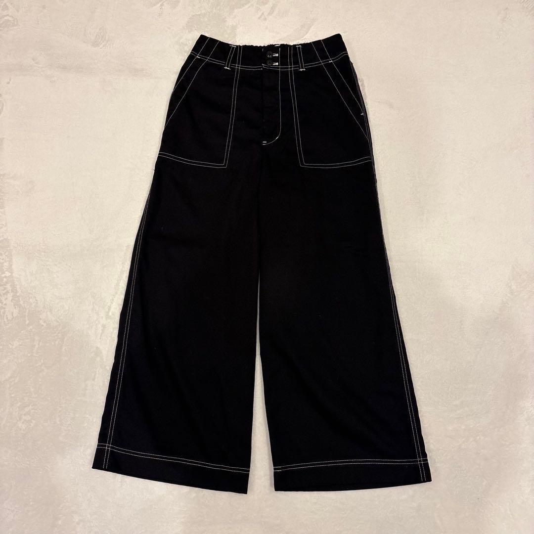 .ワイドパンツ ステッチ　黒 ブラック　ガウチョ　ワークパンツ　無地　カジュアル