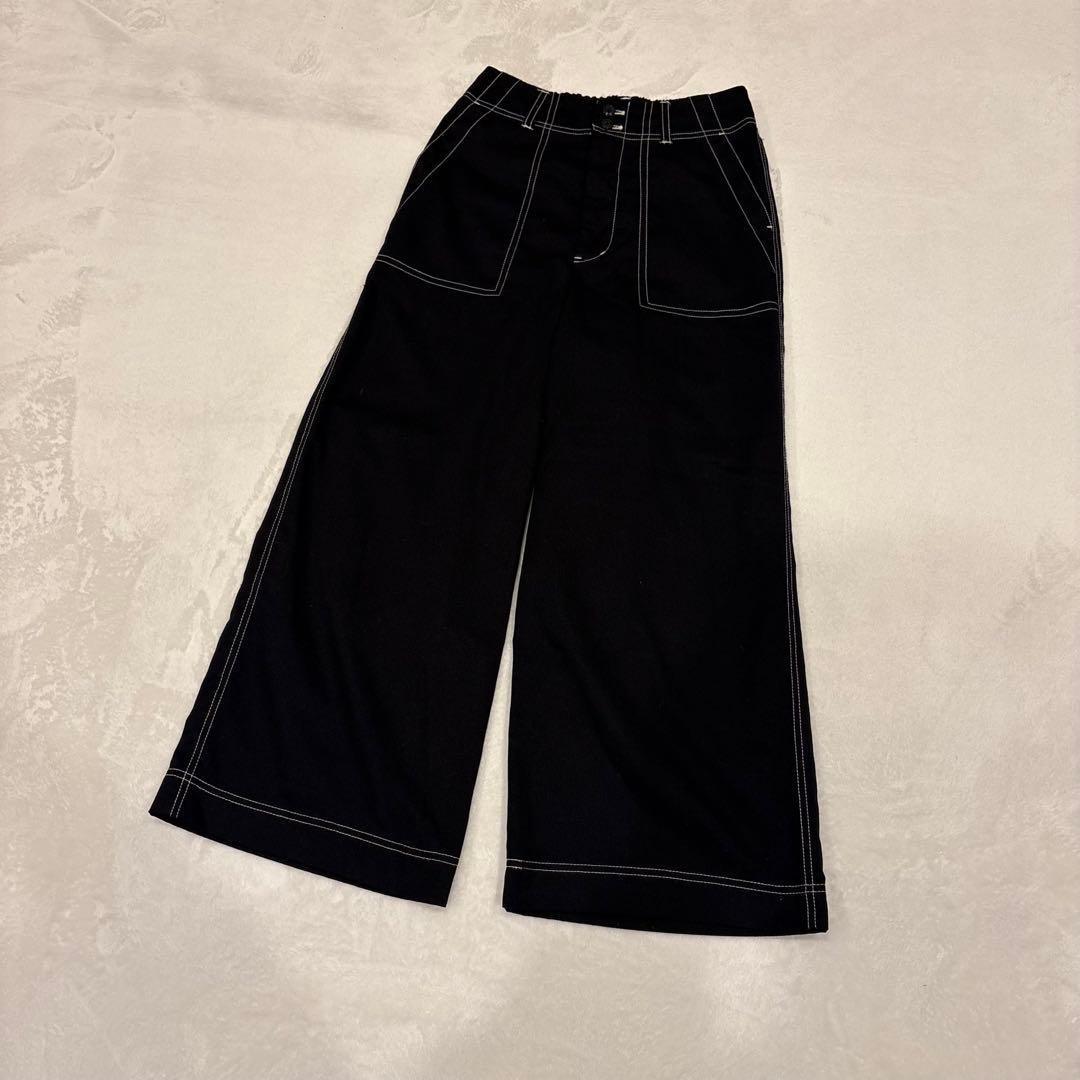 .ワイドパンツ ステッチ　黒 ブラック　ガウチョ　ワークパンツ　無地　カジュアル 2