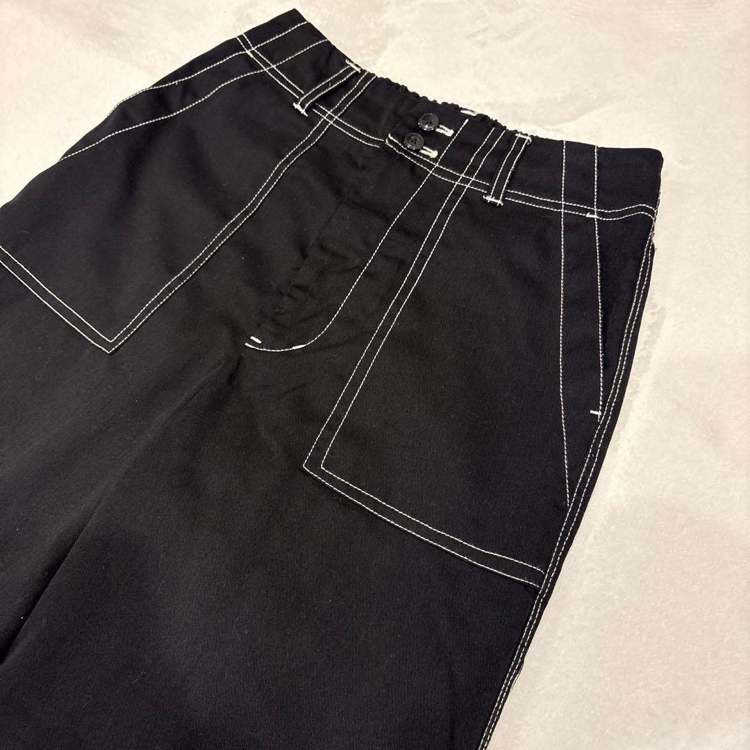 .ワイドパンツ ステッチ　黒 ブラック　ガウチョ　ワークパンツ　無地　カジュアル 3