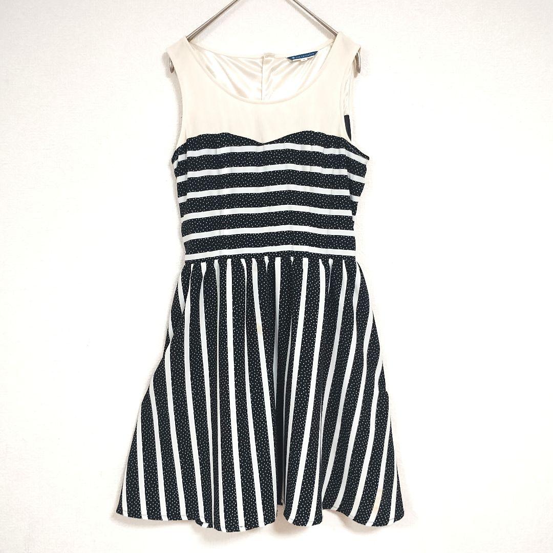 ジエンポリアム ノースリーブ ミニ異素材ワンピース 黒と白のストライプ M