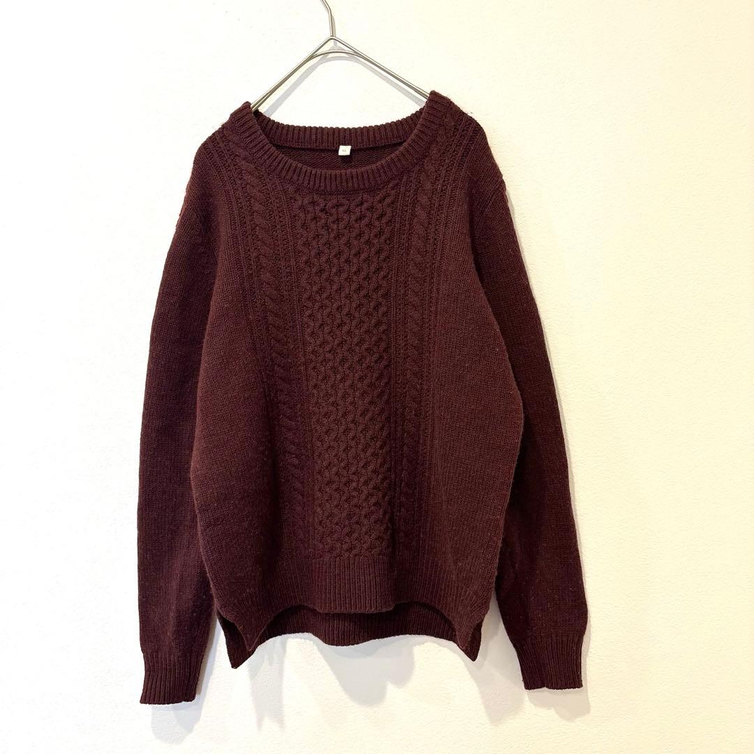 ケーブル ニット セーター　ボルドー LL 長袖 ウール混 秋冬　無地　シンプル