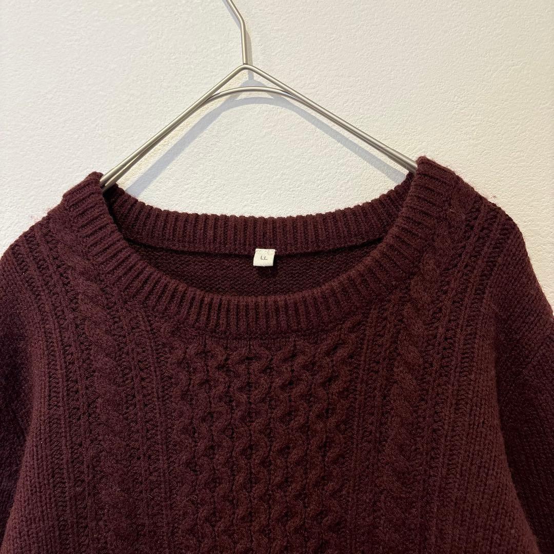 ケーブル ニット セーター　ボルドー LL 長袖 ウール混 秋冬　無地　シンプル 2