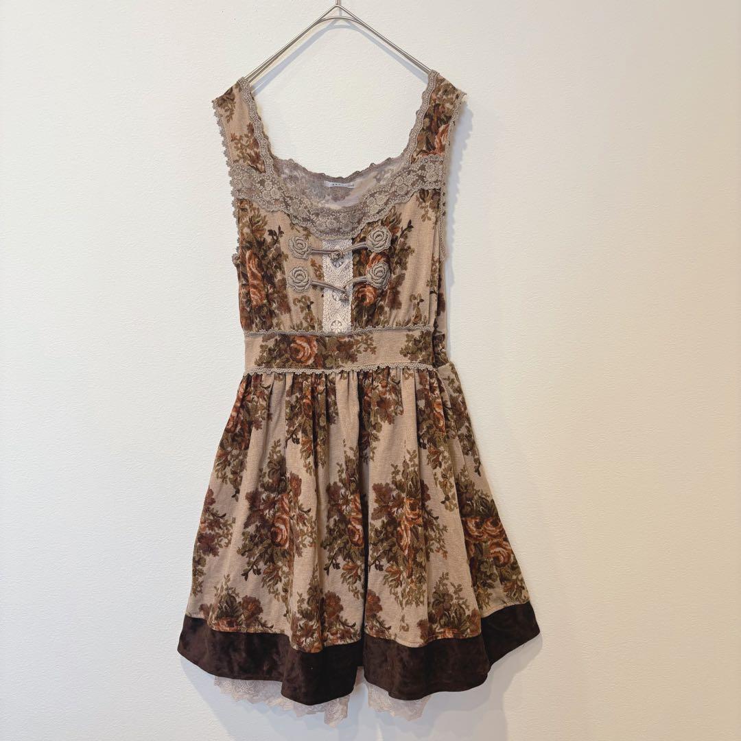 アクシーズファム フレアワンピース 花柄 レース ひざ丈 茶 M ノースリーブ