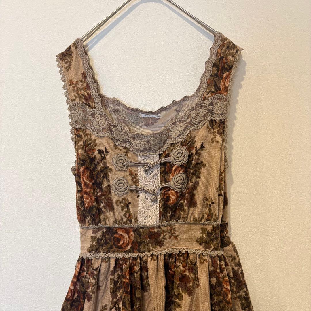アクシーズファム フレアワンピース 花柄 レース ひざ丈 茶 M ノースリーブ 2