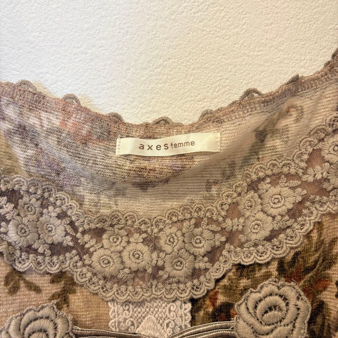 アクシーズファム フレアワンピース 花柄 レース ひざ丈 茶 M ノースリーブ 3