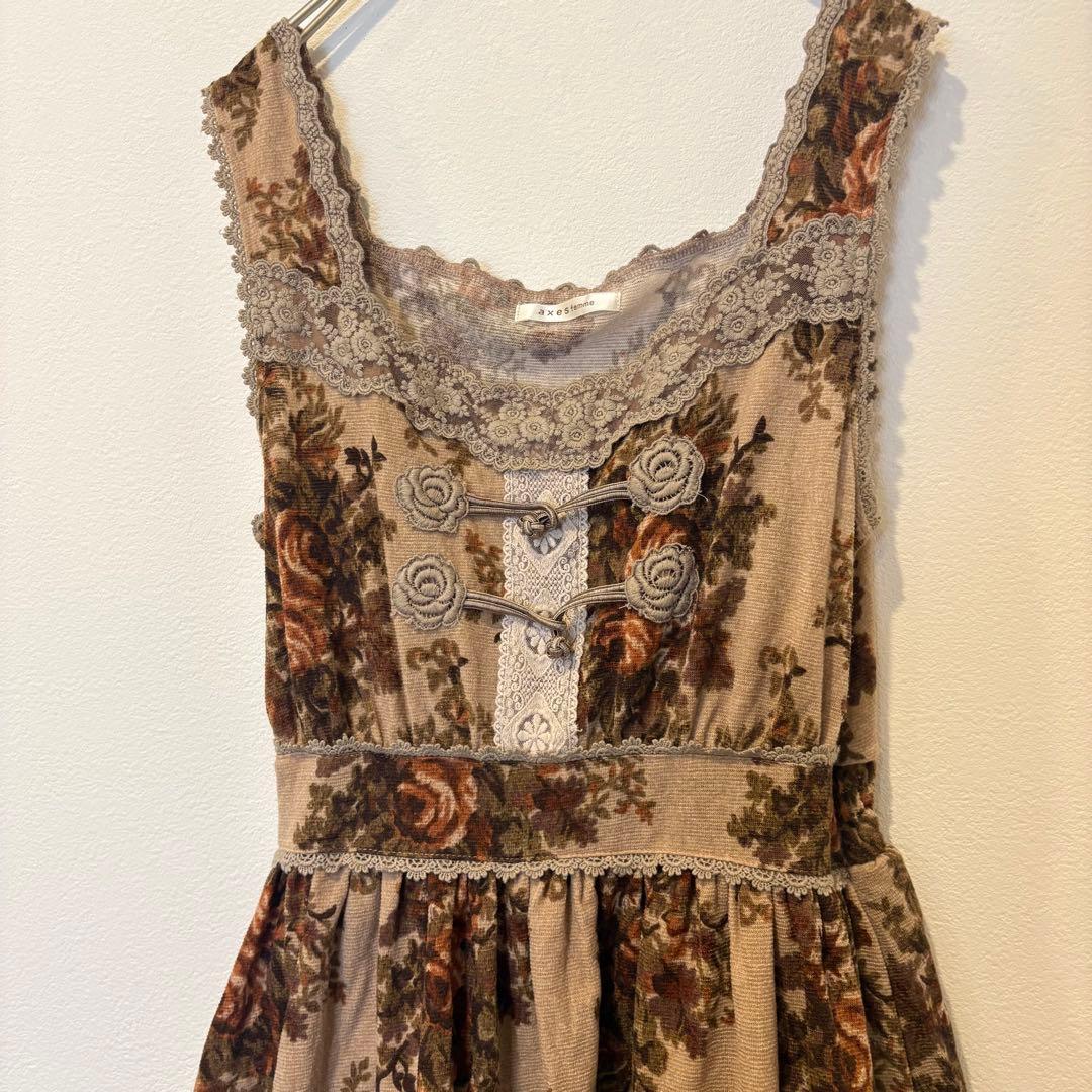 アクシーズファム フレアワンピース 花柄 レース ひざ丈 茶 M ノースリーブ 5