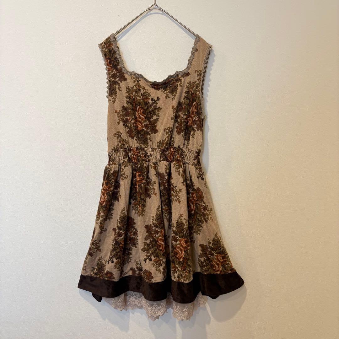 アクシーズファム フレアワンピース 花柄 レース ひざ丈 茶 M ノースリーブ 6