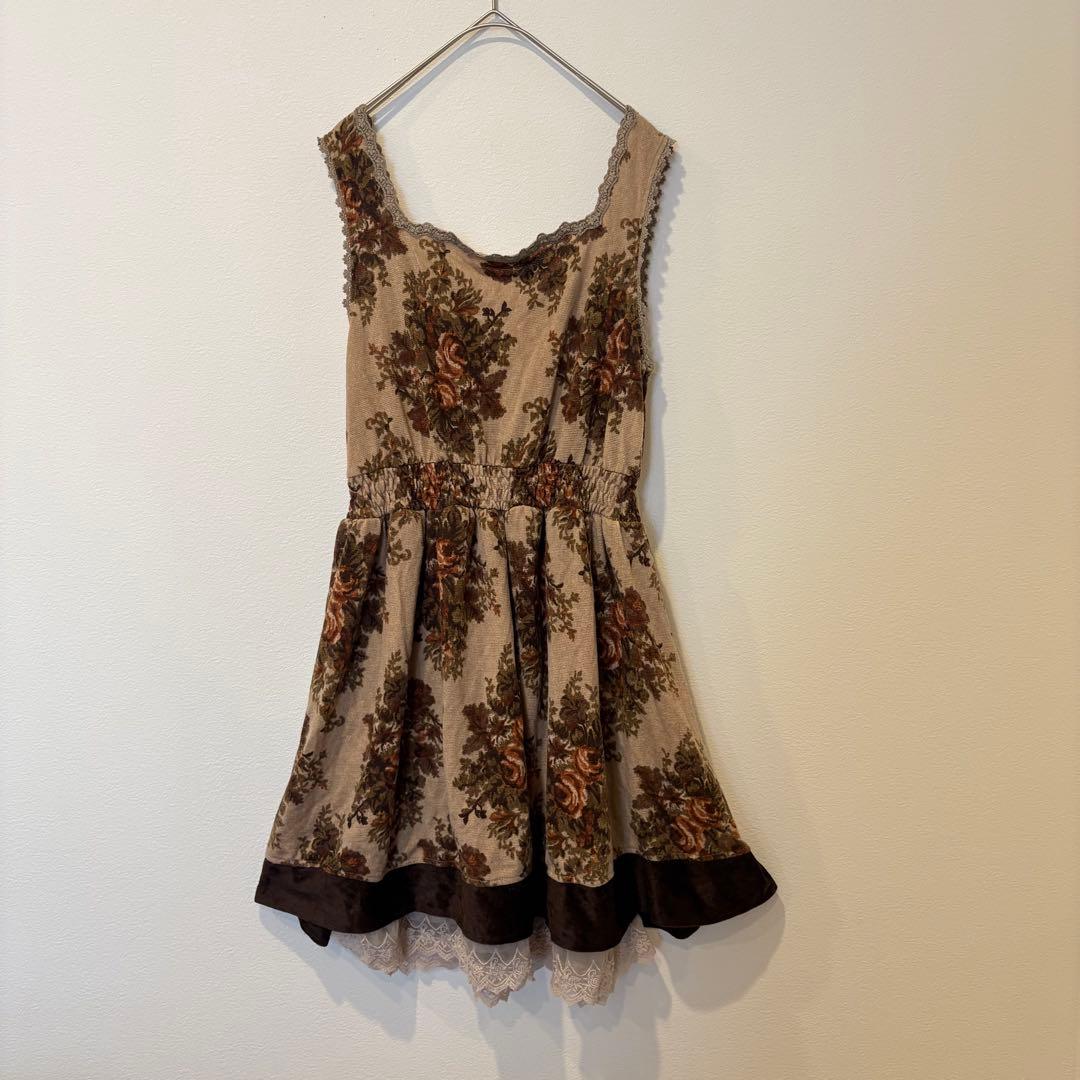 アクシーズファム フレアワンピース 花柄 レース ひざ丈 茶 M ノースリーブ 7