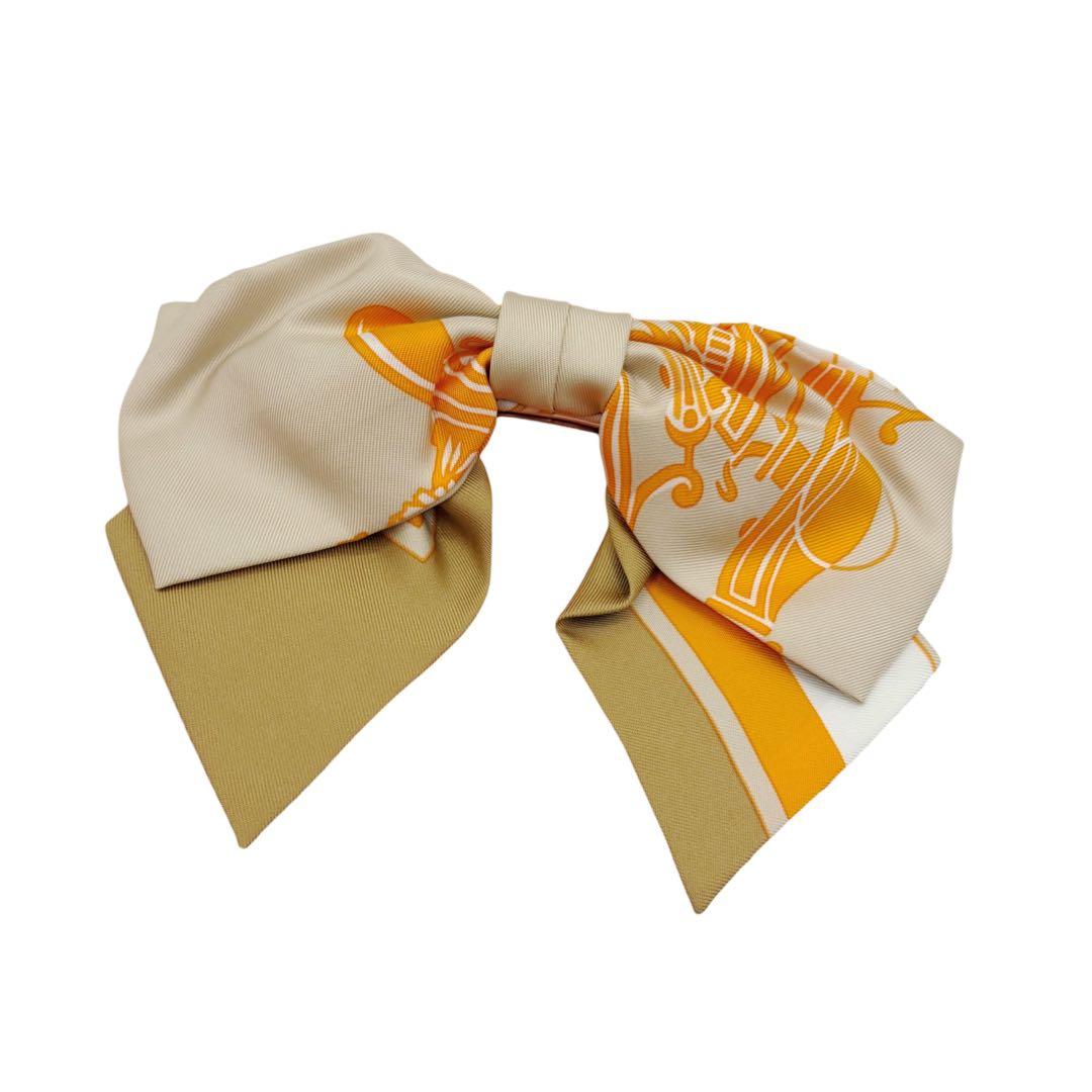 ⭐️未使用⭐️ エルメス グルネル バレッタ リボン シルク ベージュ オレンジ 2