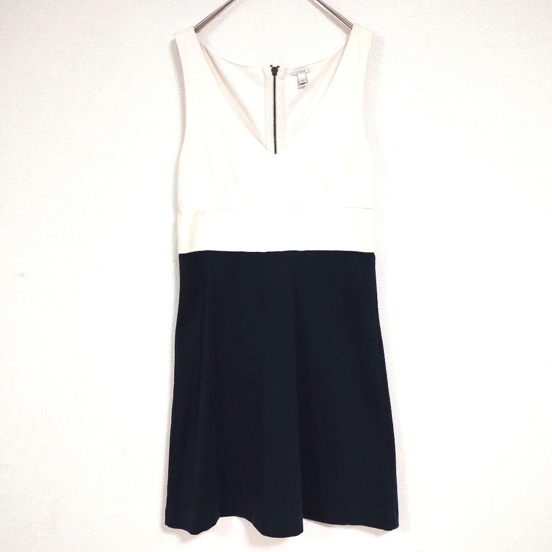 J・CREW ホワイト/ネイビー Vネック ノースリーブ ワンピース M リネン