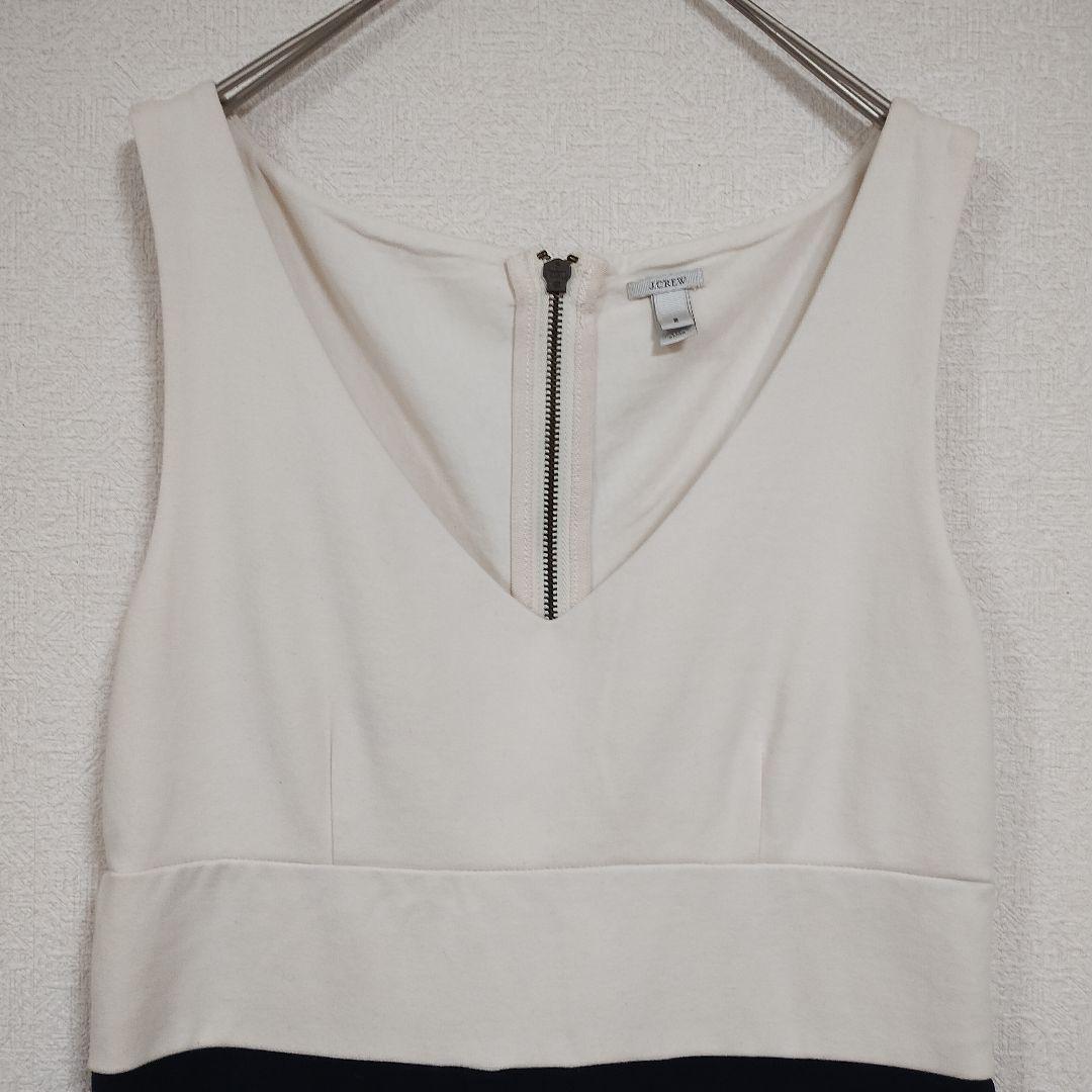 J・CREW ホワイト/ネイビー Vネック ノースリーブ ワンピース M リネン 2