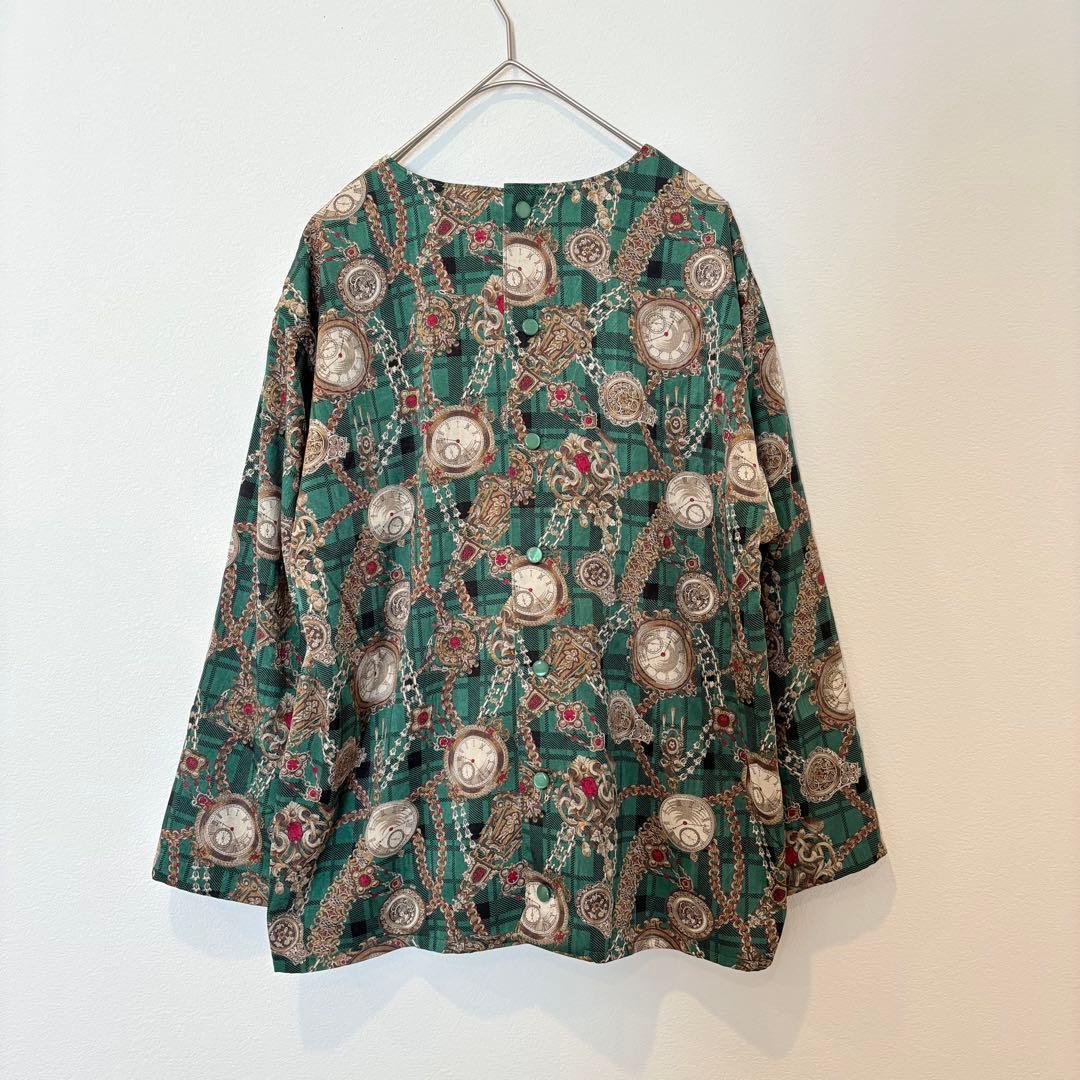 .ヴィンテージ 総柄 長袖ブラウス　シャツ 緑 グリーン　レトロ M 個性