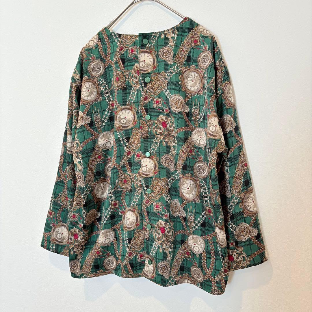 .ヴィンテージ 総柄 長袖ブラウス　シャツ 緑 グリーン　レトロ M 個性 2