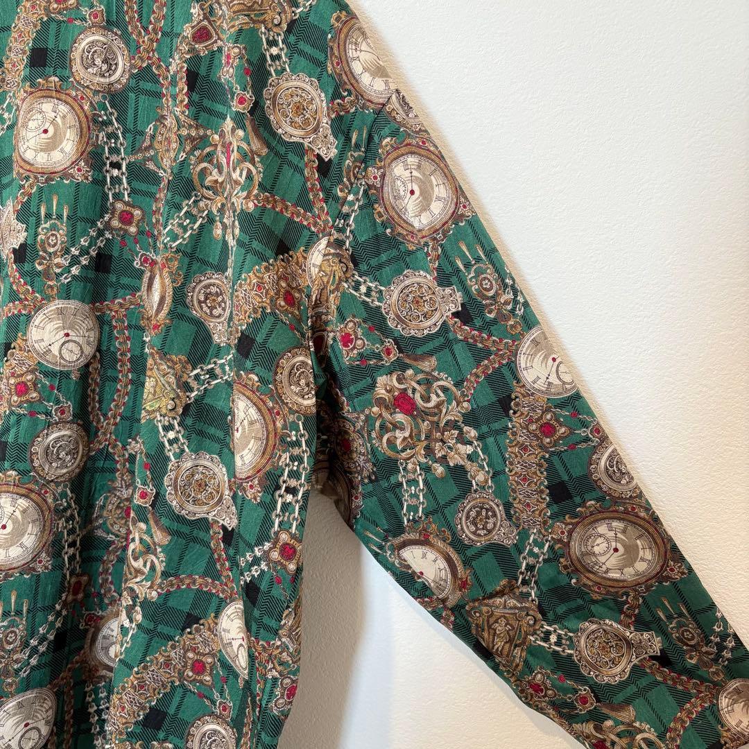 .ヴィンテージ 総柄 長袖ブラウス　シャツ 緑 グリーン　レトロ M 個性 3