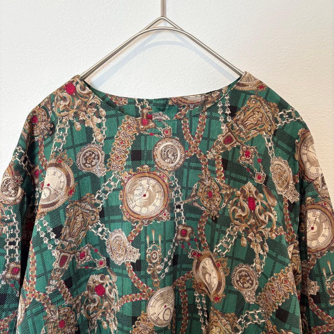 .ヴィンテージ 総柄 長袖ブラウス　シャツ 緑 グリーン　レトロ M 個性 4