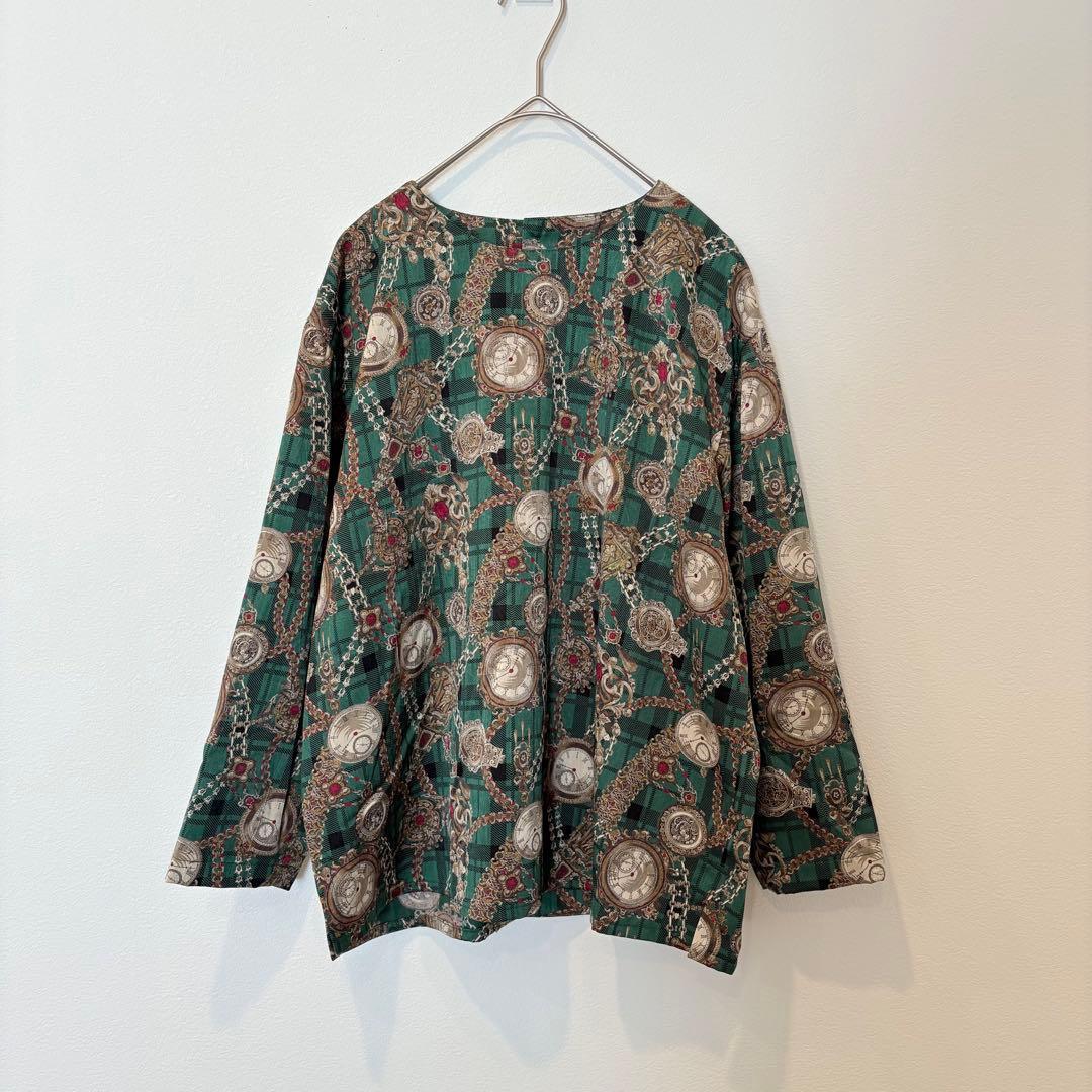.ヴィンテージ 総柄 長袖ブラウス　シャツ 緑 グリーン　レトロ M 個性 5