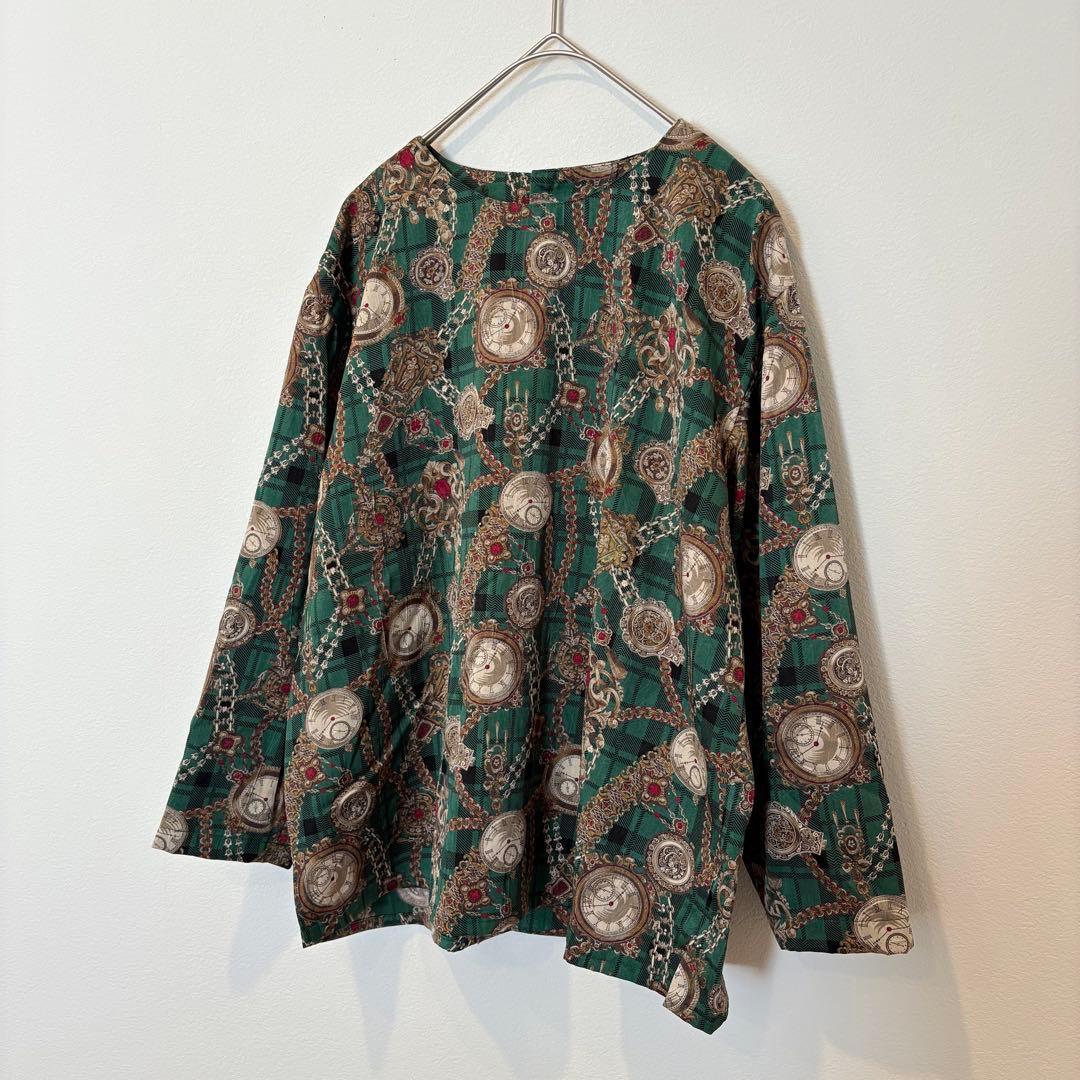 .ヴィンテージ 総柄 長袖ブラウス　シャツ 緑 グリーン　レトロ M 個性 6