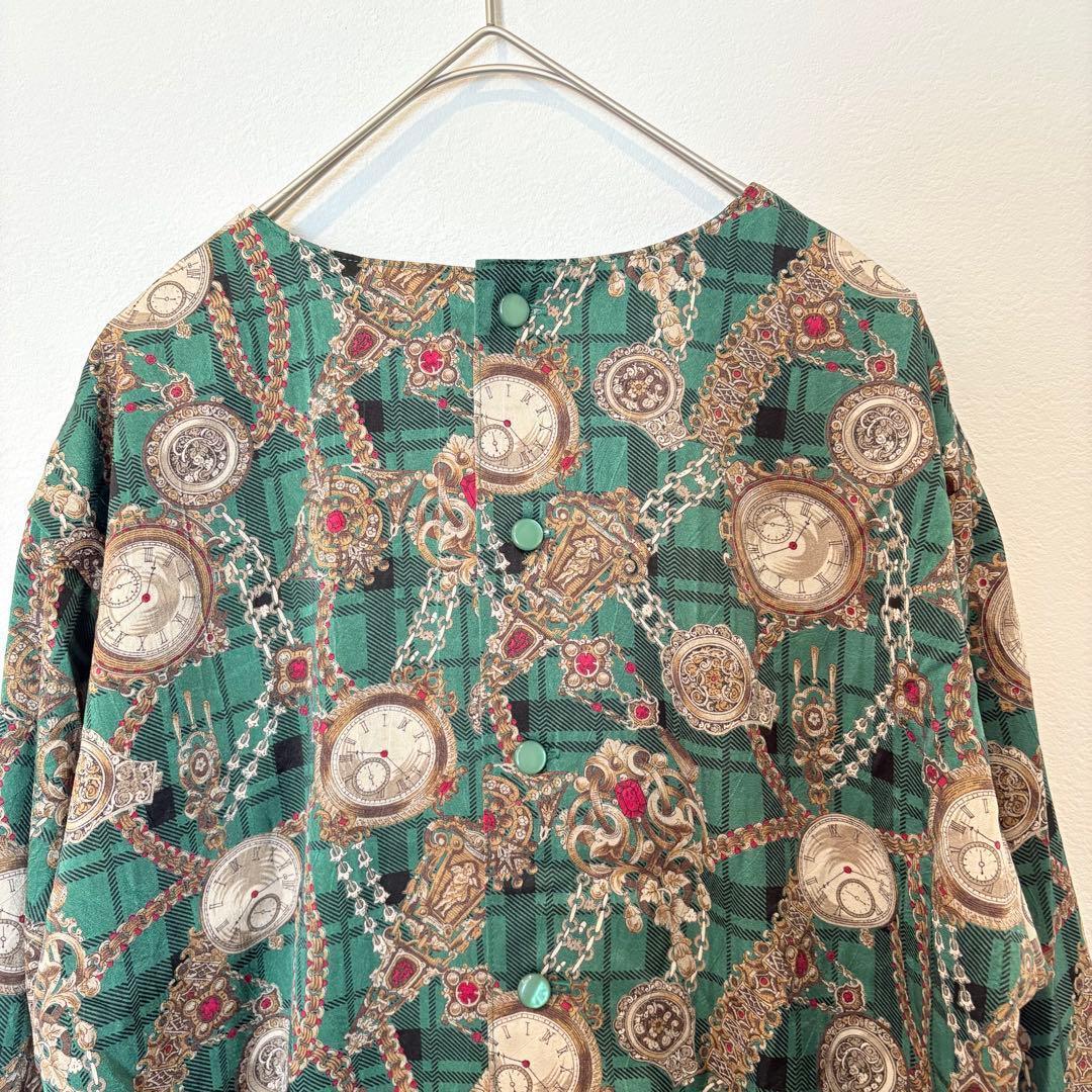 .ヴィンテージ 総柄 長袖ブラウス　シャツ 緑 グリーン　レトロ M 個性 7