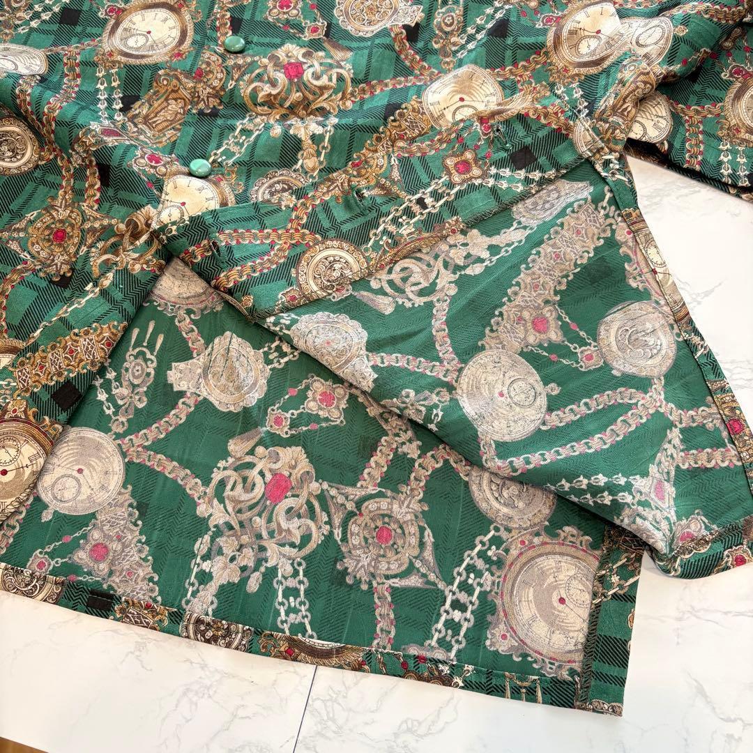 .ヴィンテージ 総柄 長袖ブラウス　シャツ 緑 グリーン　レトロ M 個性 8