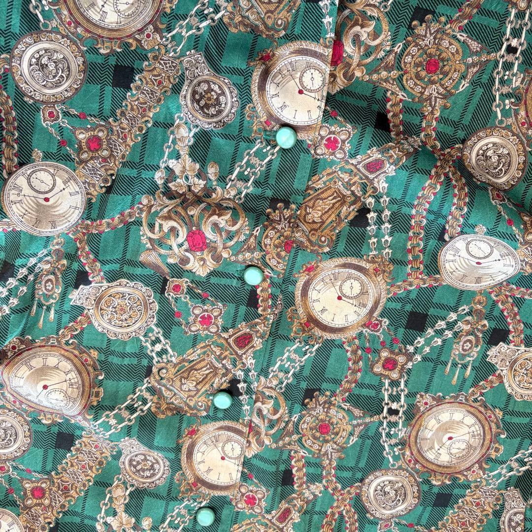 .ヴィンテージ 総柄 長袖ブラウス　シャツ 緑 グリーン　レトロ M 個性 9