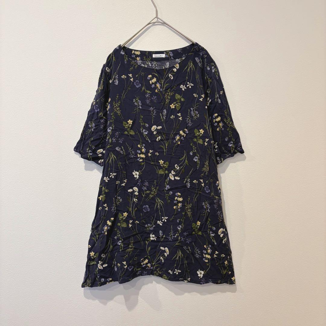 エスフレーム 花柄 チュニック ブラウス 七分袖　ネイビー 紺色　M かわいい