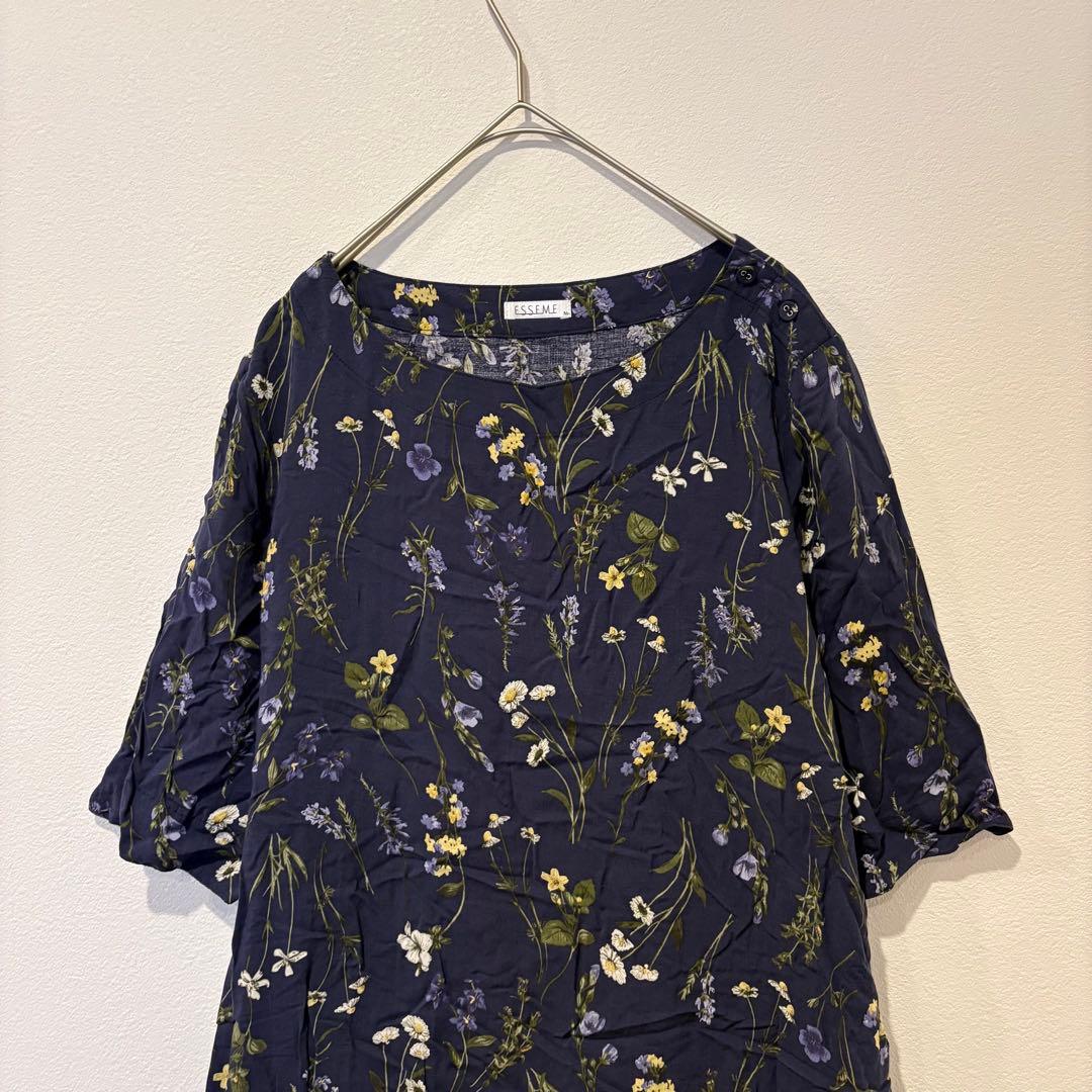 エスフレーム 花柄 チュニック ブラウス 七分袖　ネイビー 紺色　M かわいい 2