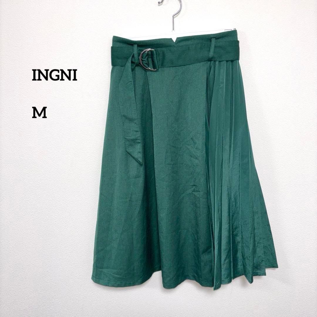 INGNI インググリーン プリーツシフォンフレアスカート M膝丈d736