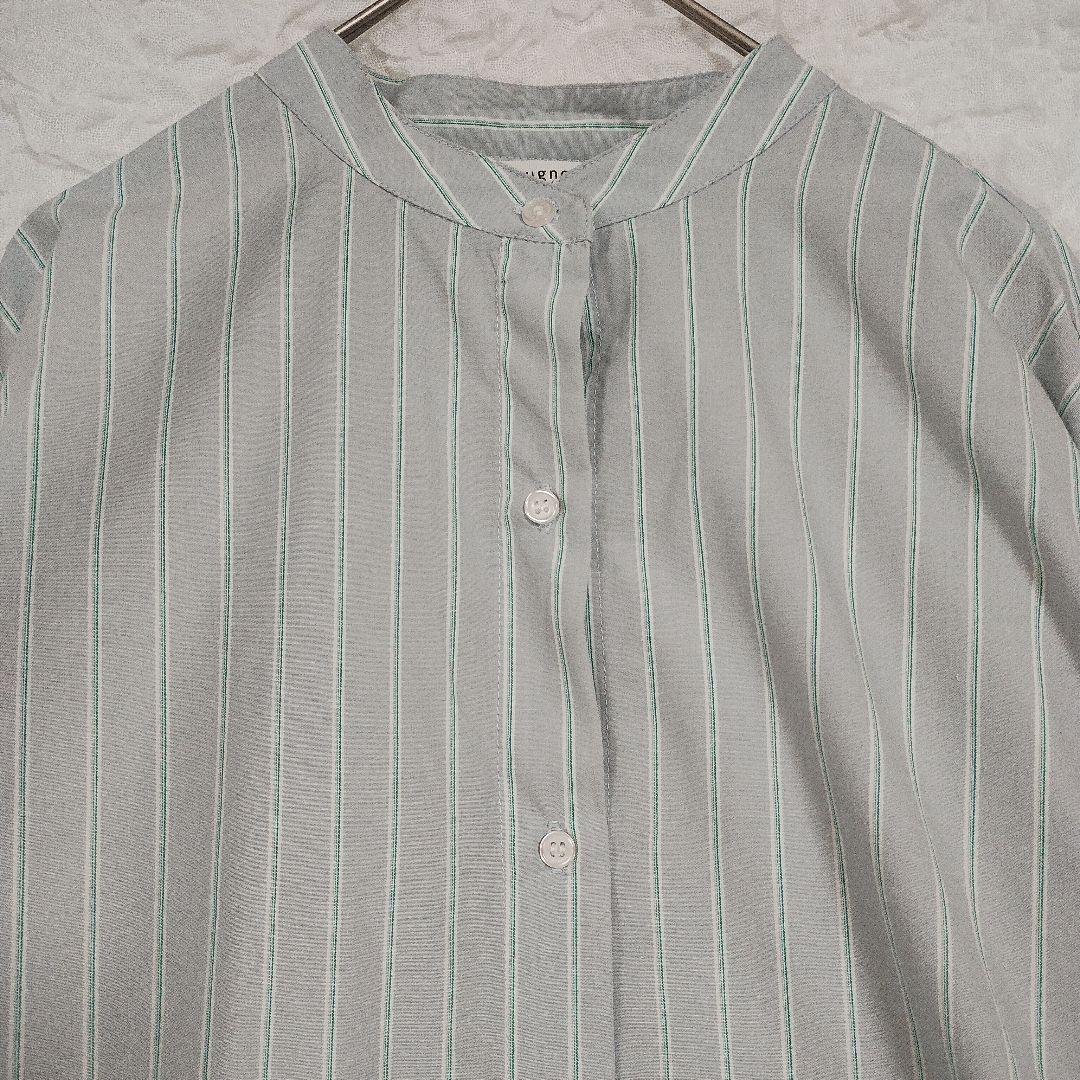 ルノンキュール ストライプ長袖シャツ グレー水色 シャーリング裾 オーバーサイズ 2