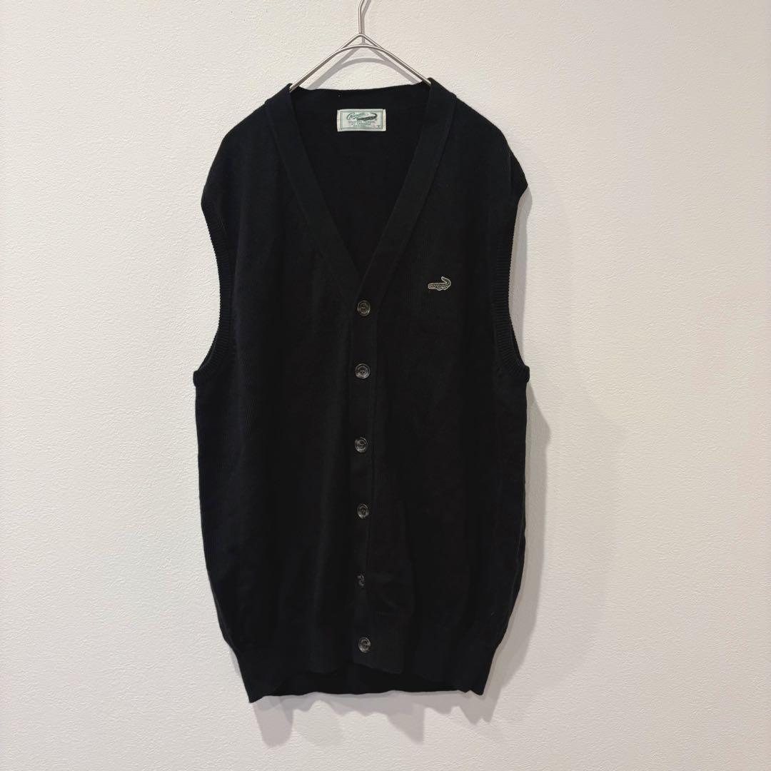 クロコダイル ニットベスト 前開き ノースリーブ ロゴ　黒 ブラック　L