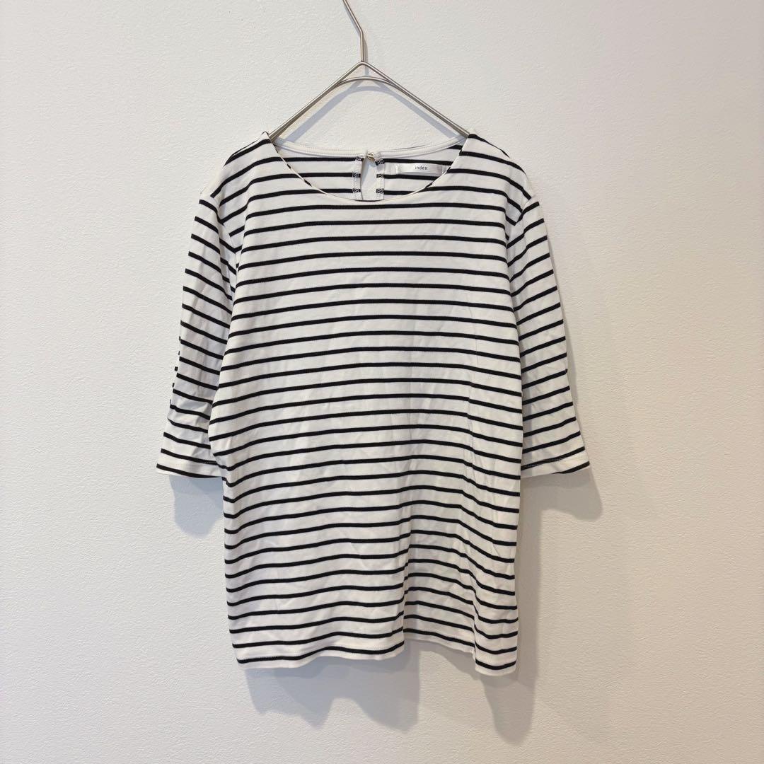 インデックス ボーダー カットソー 七分袖 バックボタン 白黒 S シンプル