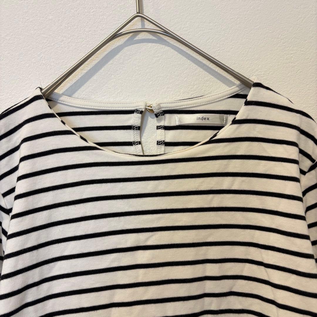インデックス ボーダー カットソー 七分袖 バックボタン 白黒 S シンプル 2