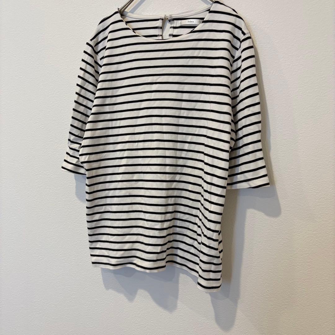 インデックス ボーダー カットソー 七分袖 バックボタン 白黒 S シンプル 3