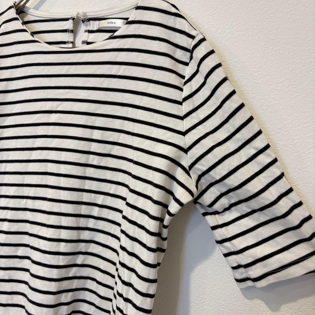 インデックス ボーダー カットソー 七分袖 バックボタン 白黒 S シンプル 4