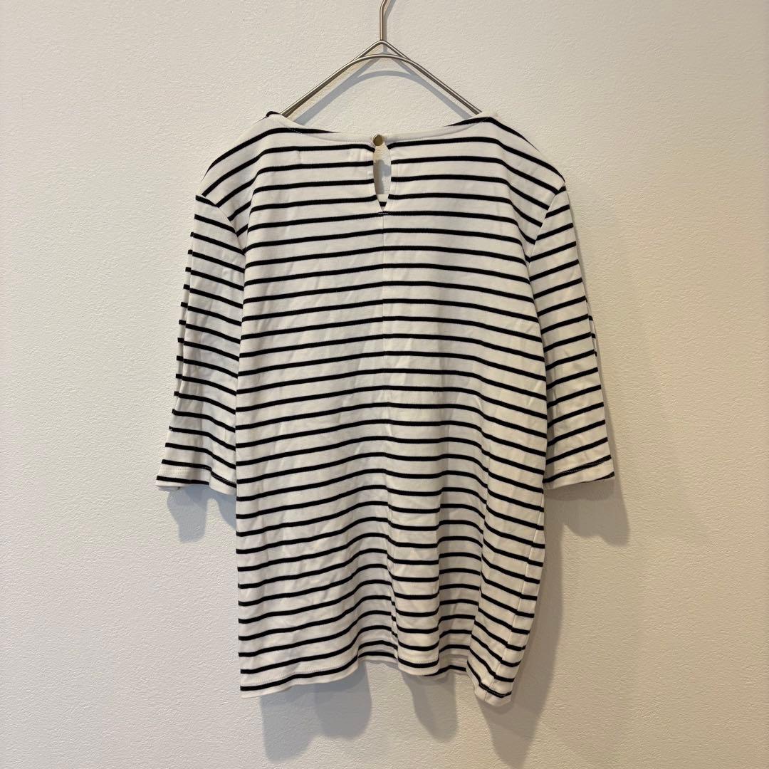 インデックス ボーダー カットソー 七分袖 バックボタン 白黒 S シンプル 6