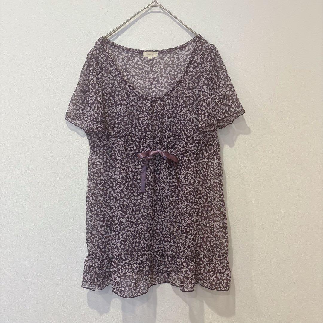 HusHusH 半袖ブラウス　チュニック　フラワー 花柄　紫　パープル　リボン