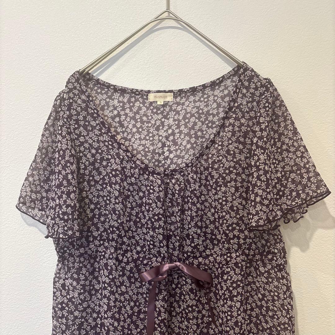 HusHusH 半袖ブラウス　チュニック　フラワー 花柄　紫　パープル　リボン 2