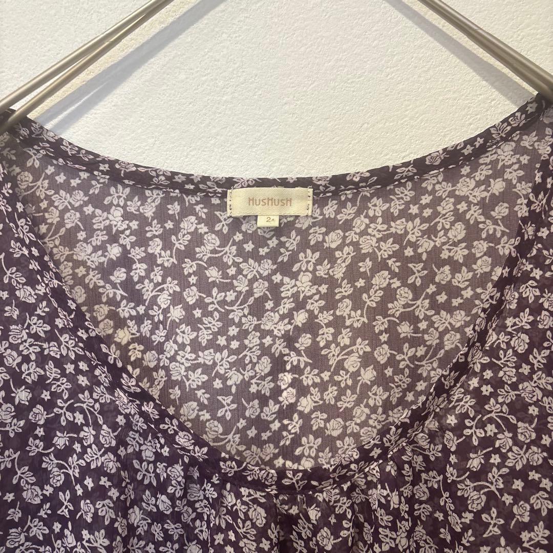 HusHusH 半袖ブラウス　チュニック　フラワー 花柄　紫　パープル　リボン 3