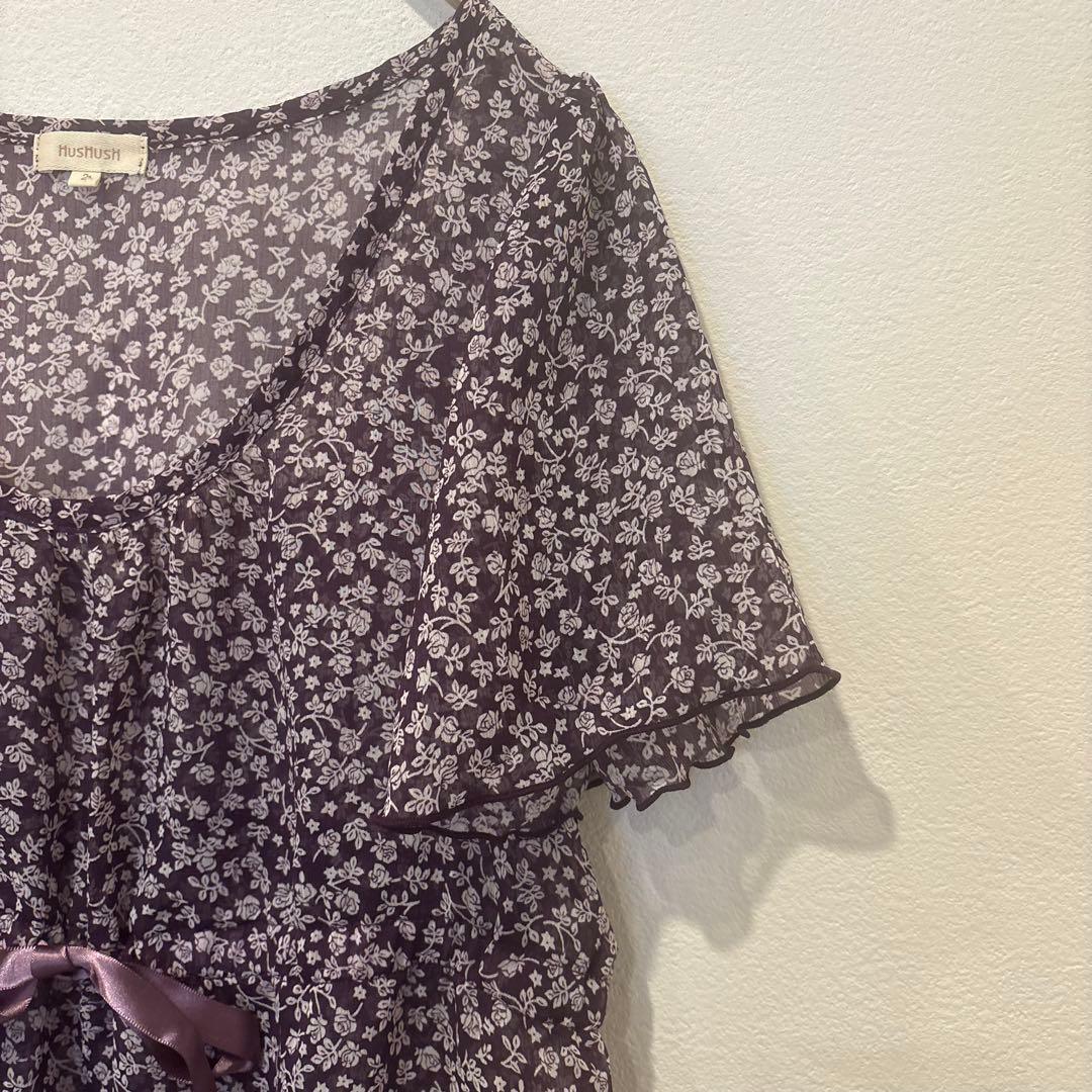 HusHusH 半袖ブラウス　チュニック　フラワー 花柄　紫　パープル　リボン 5