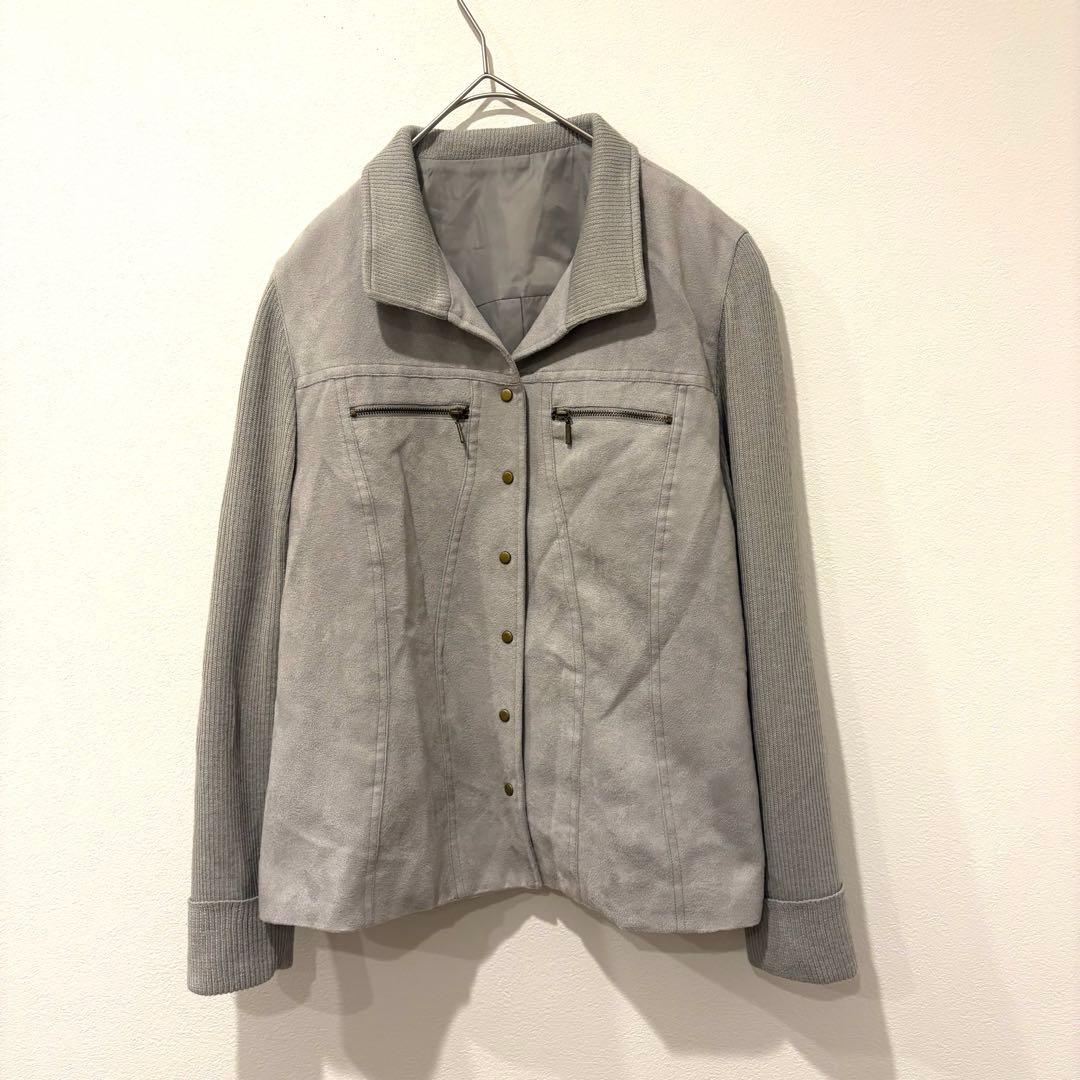 FROHLICH ジャケット アウター　ニット切替 灰色　グレー L 襟付き