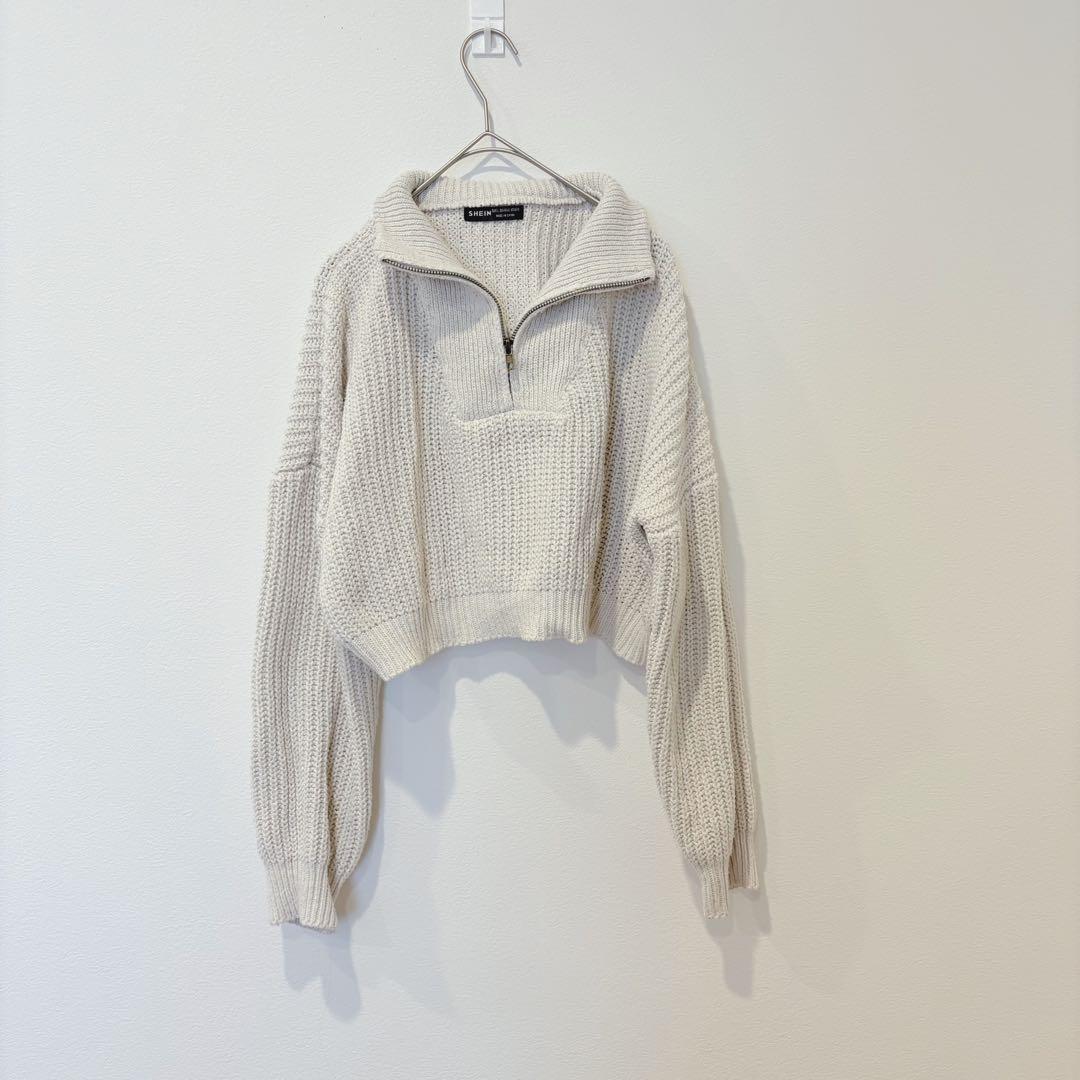 .ハーフジップパーカー　ニットセーター クロップド 白 ホワイト　L 丈短め